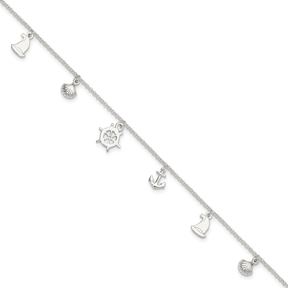 Sterling Silver Polished Ocean Theme 9in Plus 1in Ext. Anklet 9 inches