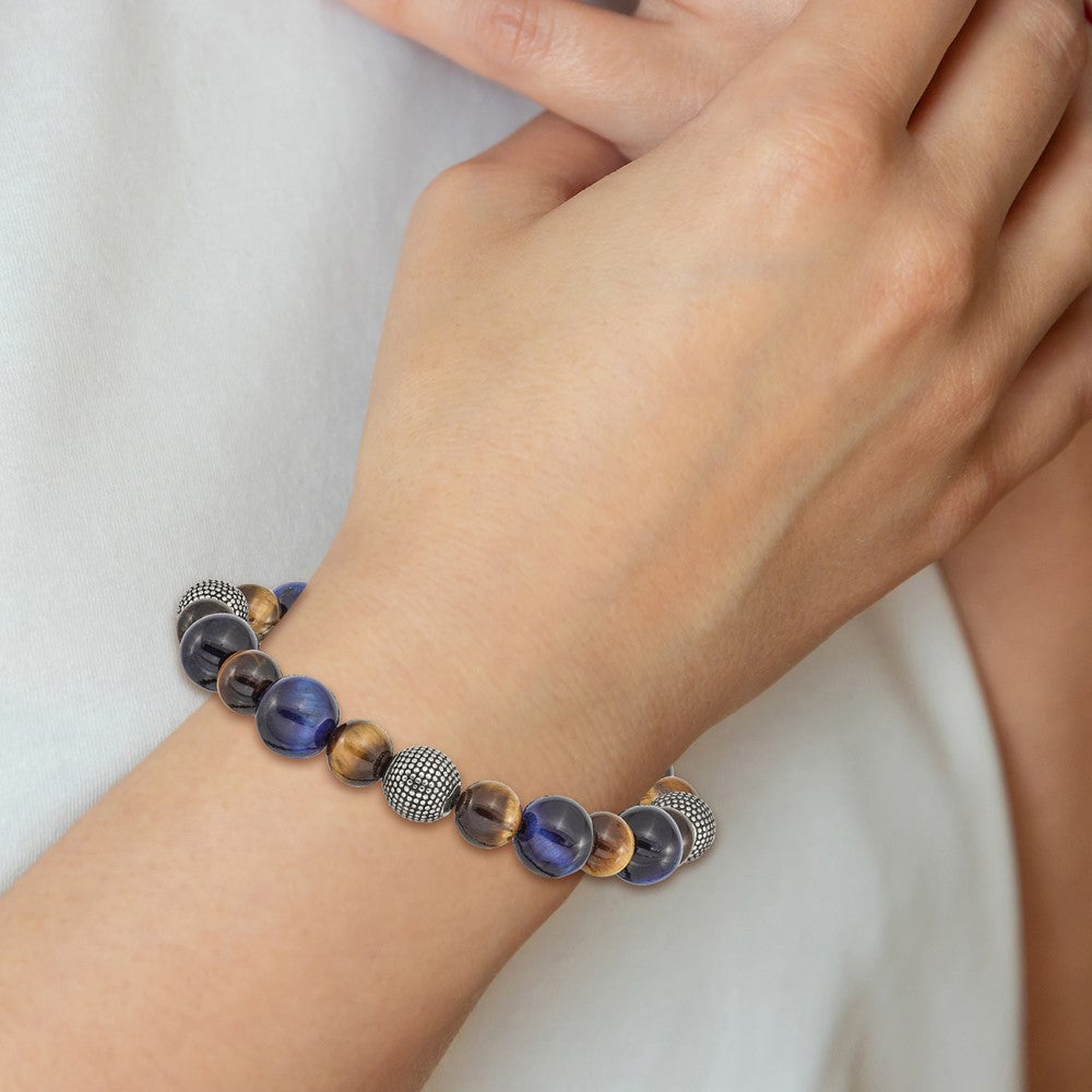 Stainless Steel Antiqued & Polished Brown/Blue Tiger's Eye Stretch Bracelet 6.5 inches
