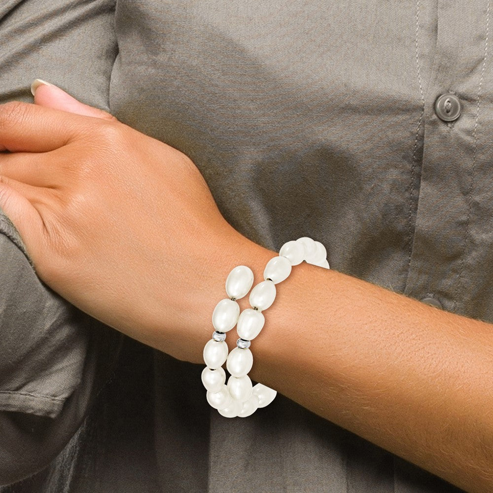 Sterling Silver Rhodium-plated 7-8mm White Rice Freshwater Cultured Pearl Flexible 7.5 inch Bracelet 7.5 inches
