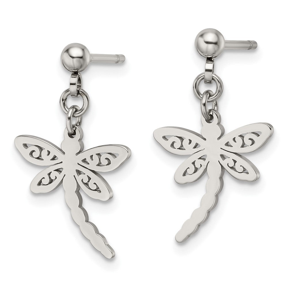 Stainless Steel Polished Dragonfly Post Dangle Earrings