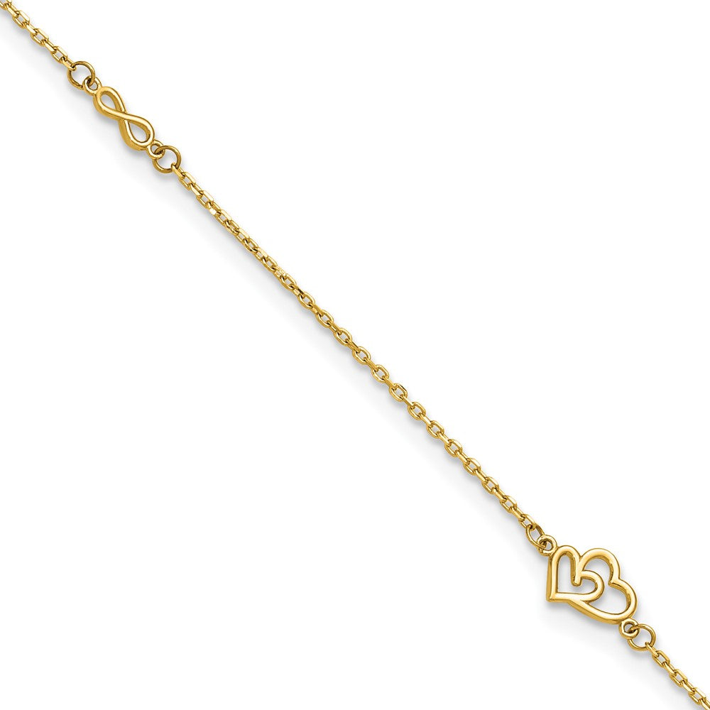 14k Polished Double Hearts and Infinity 9 inch with 1 inch Extension Anklet