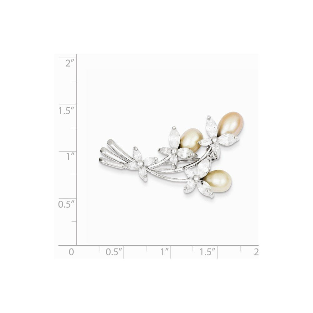 Sterling Silver Rhodium-plated Freshwater Cultured Pearl and CZ Floral Pin Brooch QQP884