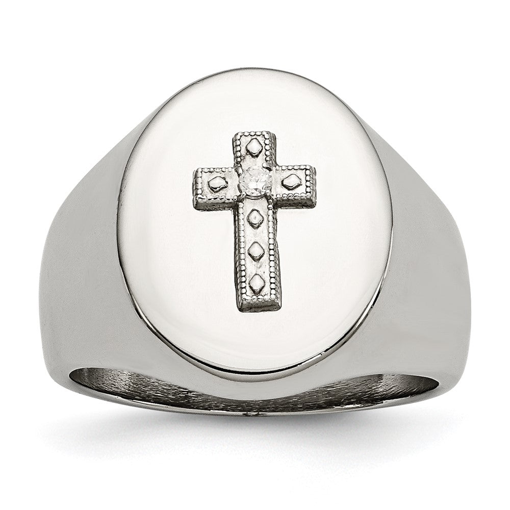Stainless Steel Polished w/Sterling Silver Cross CZ Signet Ring Size - 11
