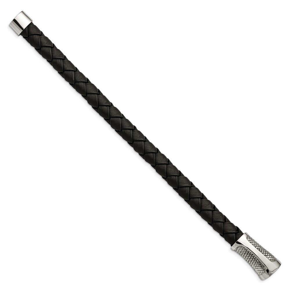 Stainless Steel Polished and Textured Black Leather 8.5in Bracelet 8.5 inches