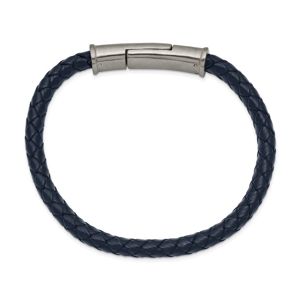 Stainless Steel Brushed Braided Blue Leather 8.25in Bracelet 8.25 inches