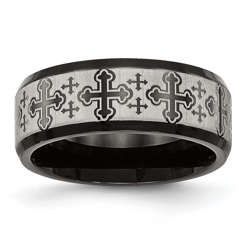 Stainless Steel Brushed/Polished Black IP Laser Etched Crosses 8mm Band