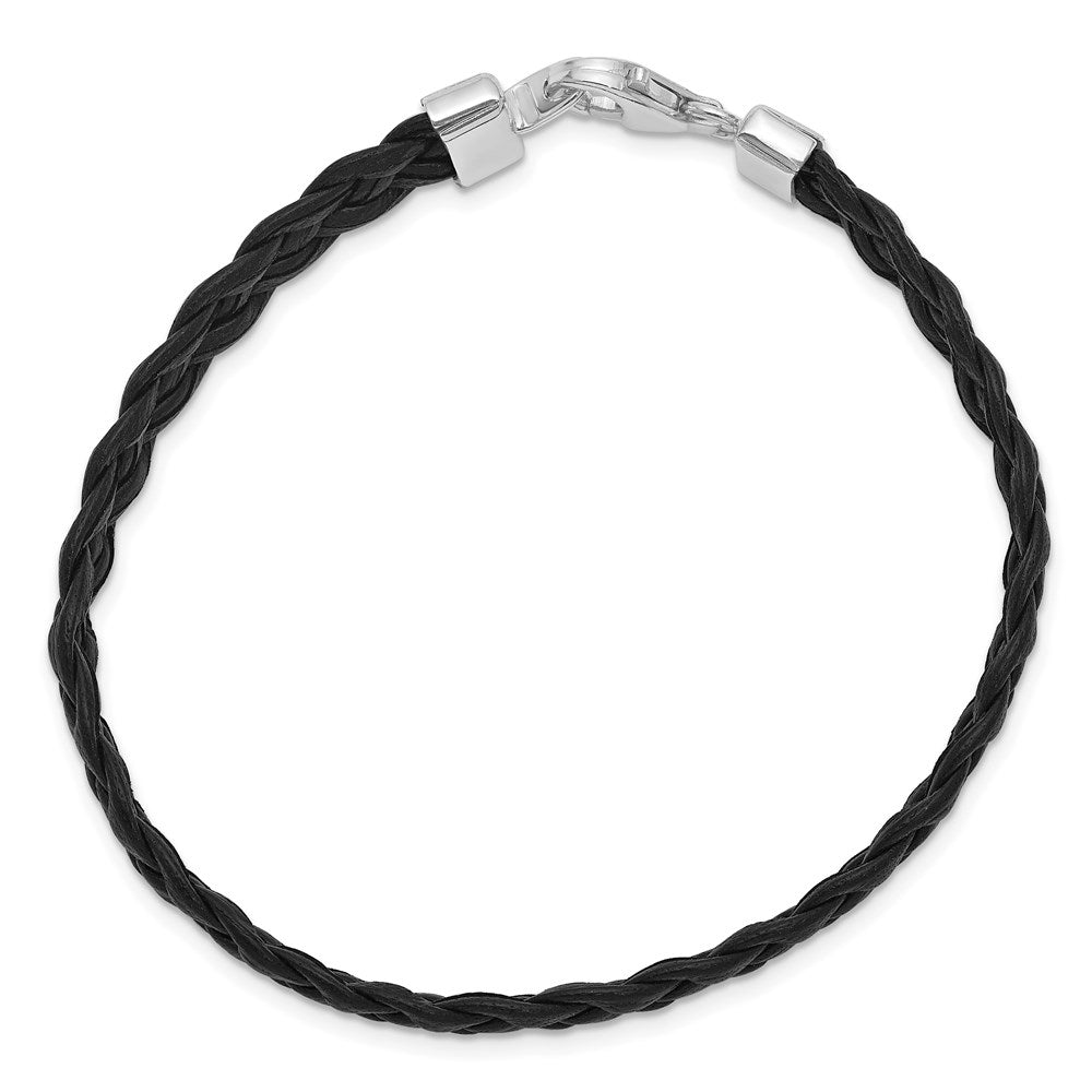 Sterling Silver Rhodium-plated Black Braided Leather Bracelet 7 inches