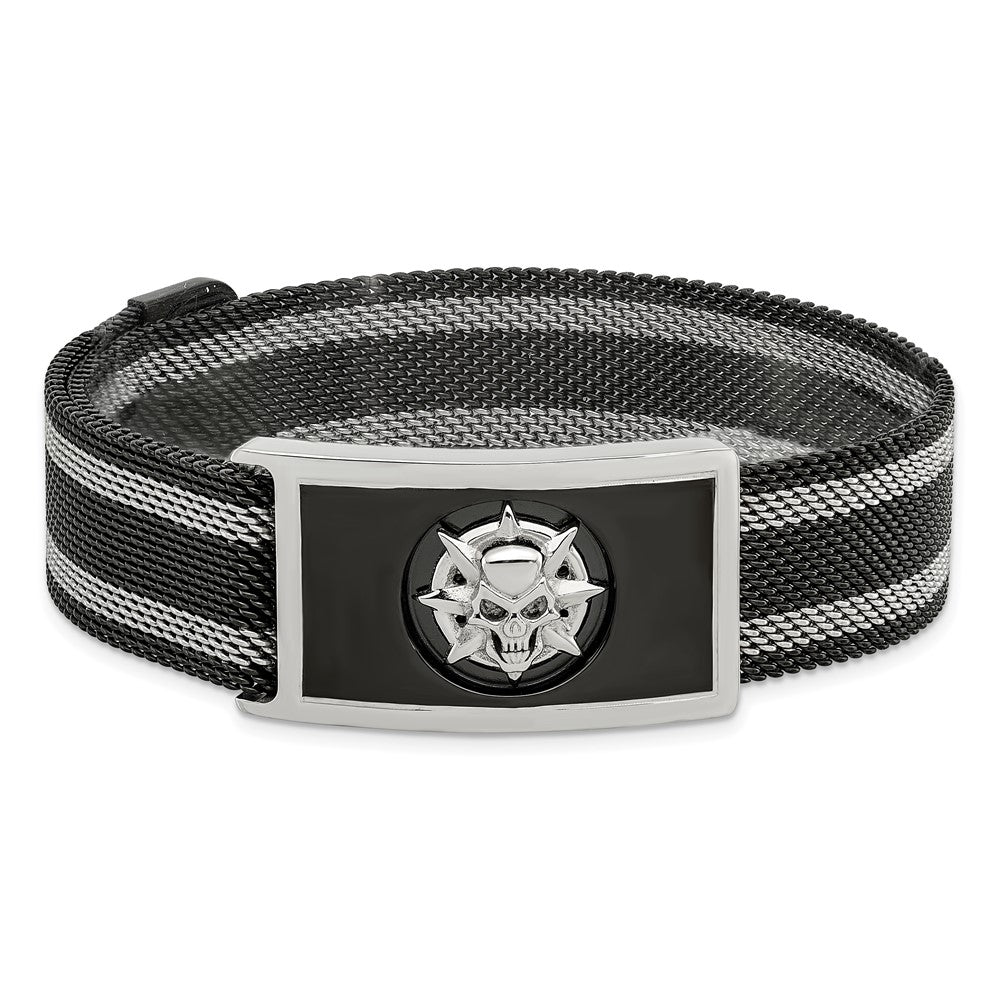 Stainless Steel Polished Black IP-plated Mesh Adj Magnetic Skull Bracelet