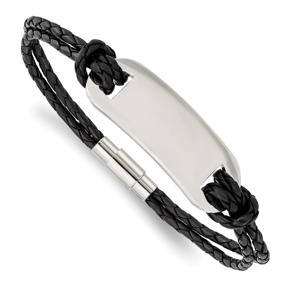 Stainless Steel Polished Black Woven Leather 8.25in Bracelet 8.25 inches