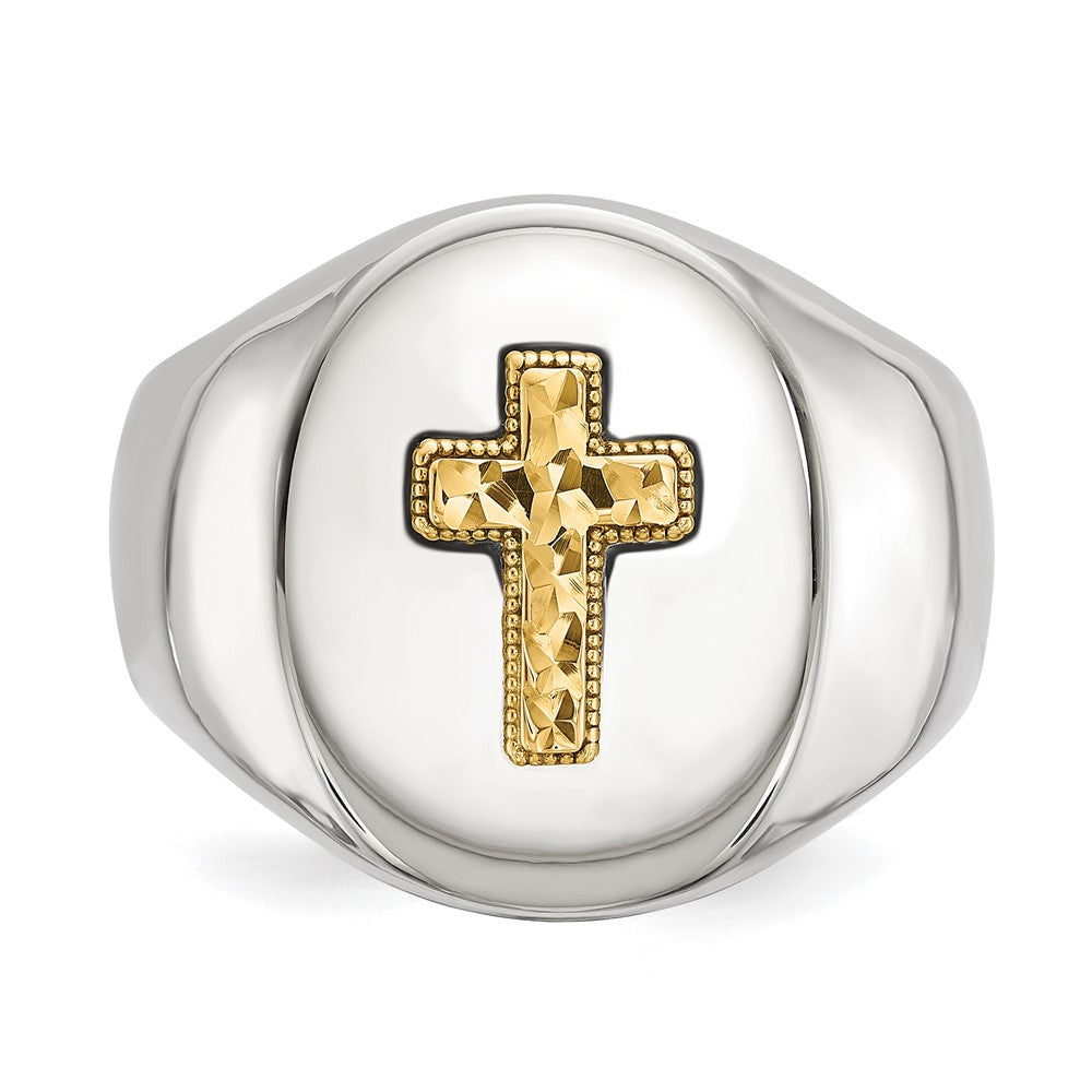 Chisel Stainless Steel Polished with Diamond-cut 14K Gold Accent Cross Oval Signet Ring Size - 10