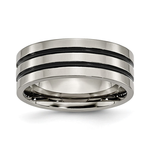 Titanium Polished Black Enamel Grooved 8mm Flat Band Size - 12