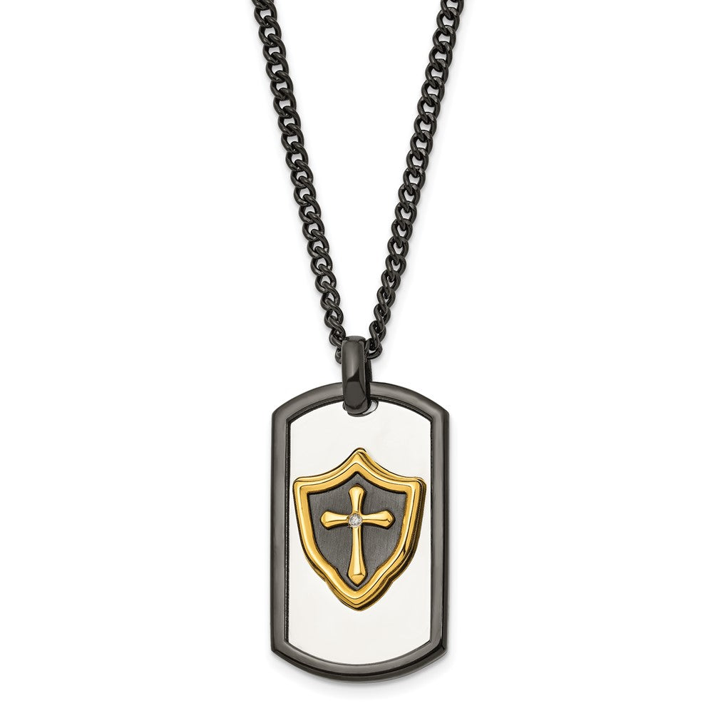 Stainless Steel Polished Black Yellow IP CZ HERO Dog Tag 24in Necklace