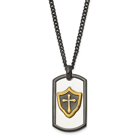 Stainless Steel Polished Black Yellow IP CZ HERO Dog Tag 24in Necklace