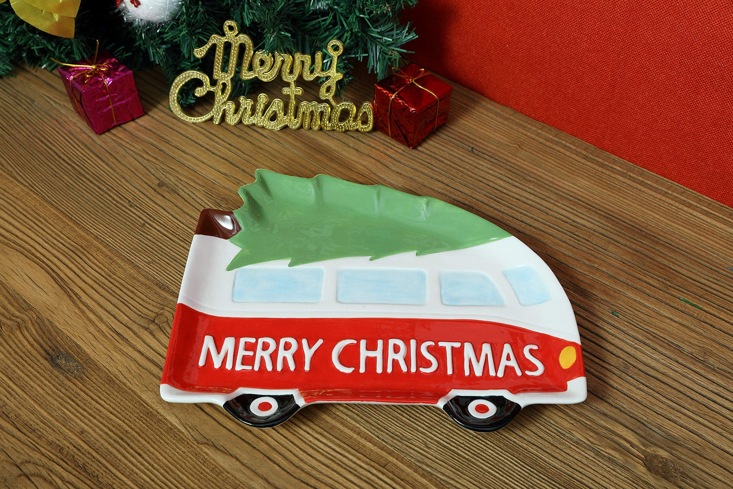 "Merry Christmas" Holiday Bus Shaped 10" Ceramic Accent Plate
