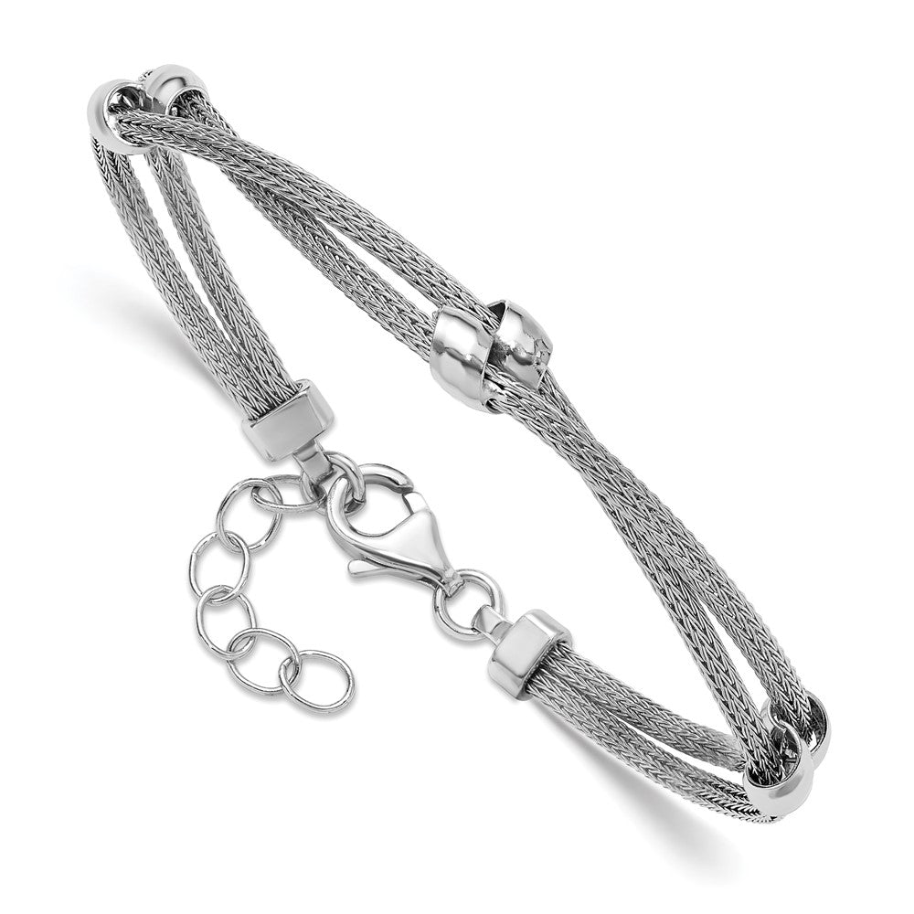 SS RH-plated Polished 2-strand Bead w/1in ext. Bracelet 8.5  inches