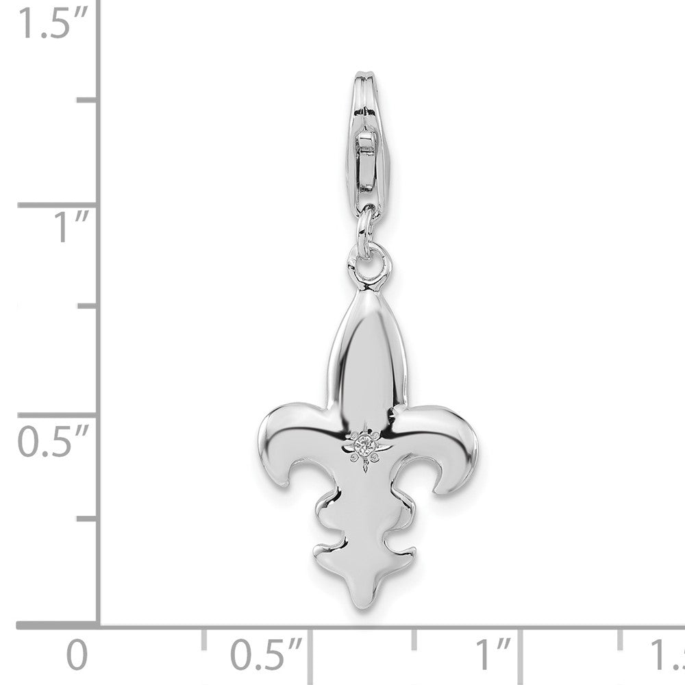 Sterling Silver Polished CZ Fleur de Lis w/ Lobster Clasp Charm
