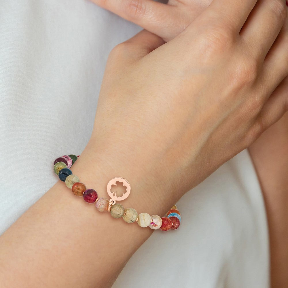 Stainless Steel Polished Rose IP Clover Multi Color Agate Stretch Bracelet 6.25 inches