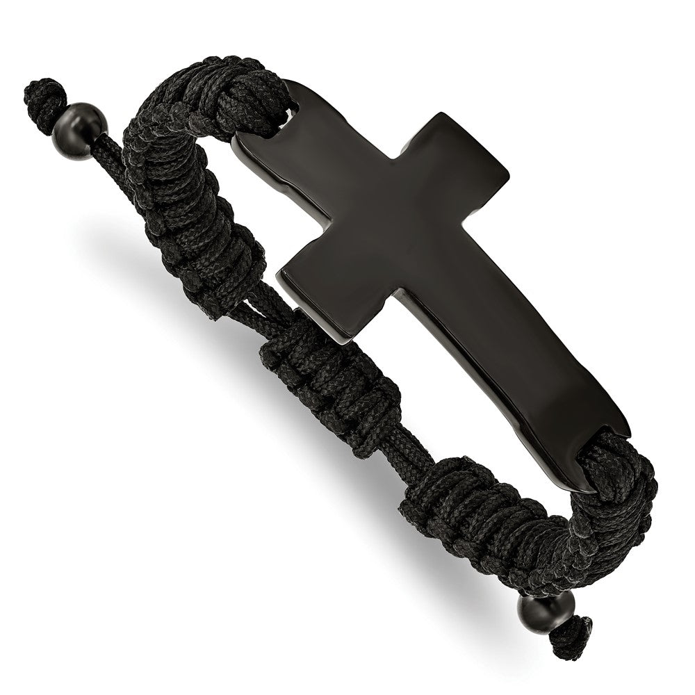 Stainless Steel Polished Black IP Black Nylon Adjustable Cross Bracelet 9.25 inches
