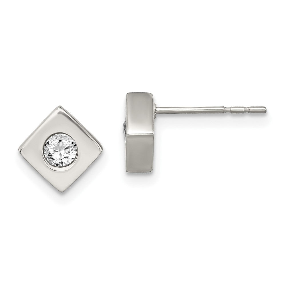 Stainless Steel Brushed w/CZ Diamond-shaped Post Earrings