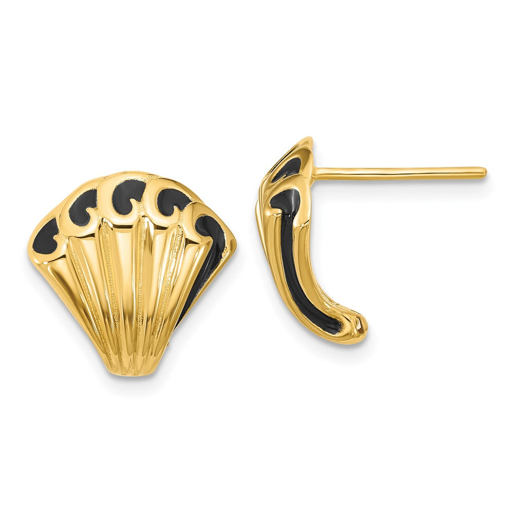 14K Gold with Black Enamel Polished Fancy Post Earrings