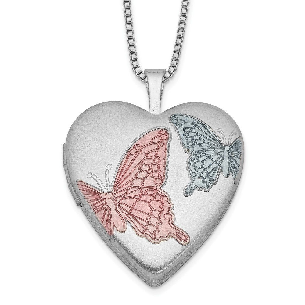 Sterling Silver RH-plated 20mm Enamel Butterflies Heart Locket Necklace 18 Inches