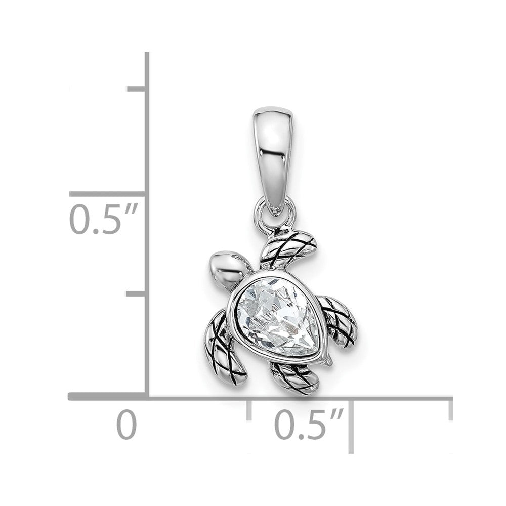 Sterling Silver Rhodium-plated Polished and Antiqued Crystal April Birthstone Turtle Pendant