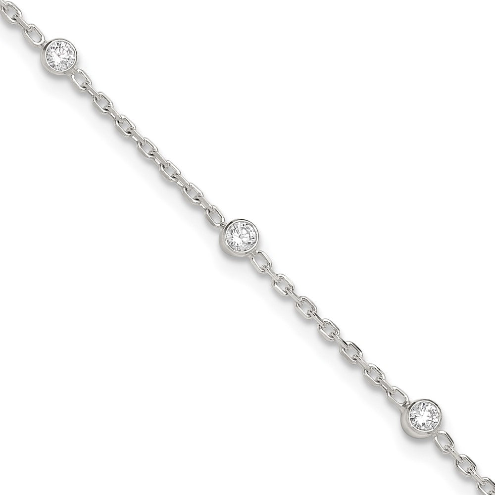 Sterling Silver Polished w/CZ 9 inch Plus1 inch Ext. Anklet 9 inches