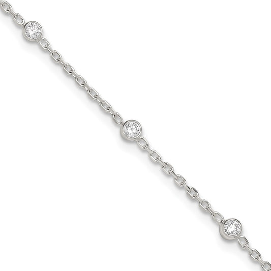 Sterling Silver Polished w/CZ 9 inch Plus1 inch Ext. Anklet 9 inches