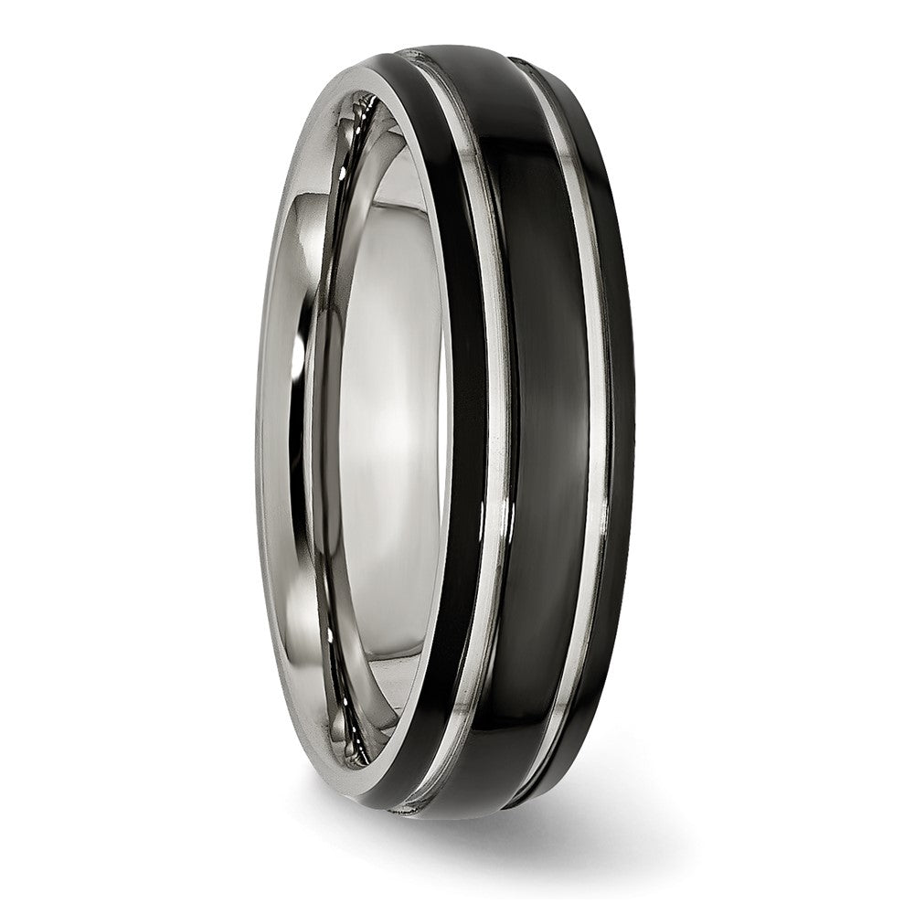 Stainless Steel Polished Black IP-plated 6mm Grooved Band Size - 8
