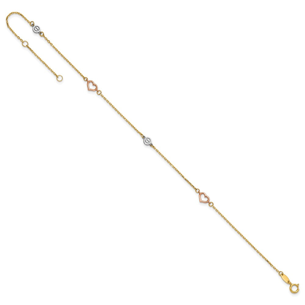 14k Tri-color Polished Hearts and Circles 9 inch with 1 inch Extender Anklet