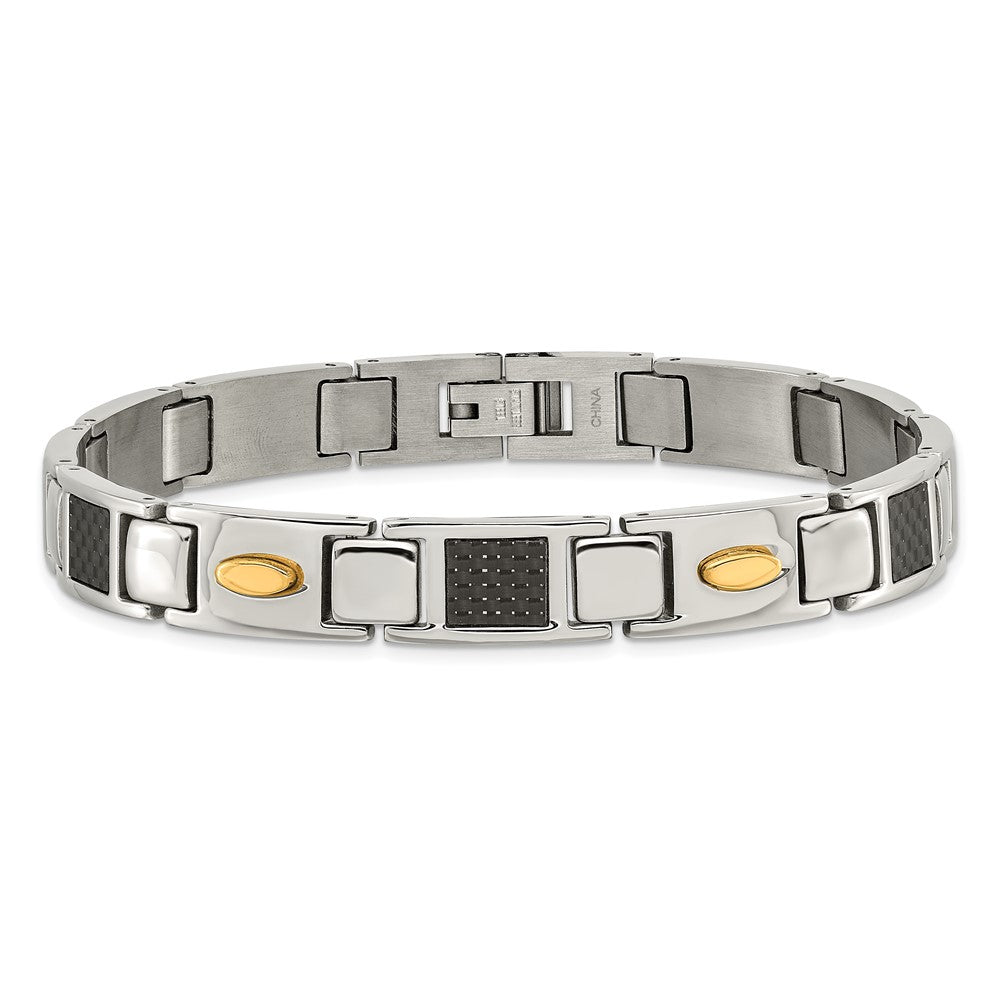 Stainless Steel Polished Yellow IP Black Carbon Fiber Inlay 9.25in Bracelet 9.5 inches