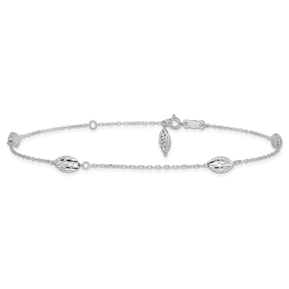 14k White Gold Puffed Rice Bead 9in Plus 1in ext. Anklet 9 inches