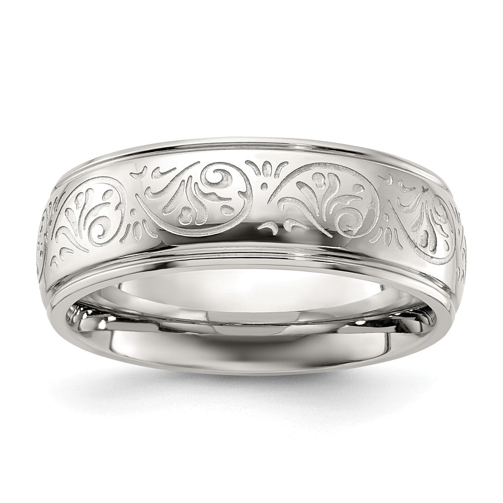 Stainless Steel Polished Etched Design Ridged Edge 7.5mm Band Size - 8.5