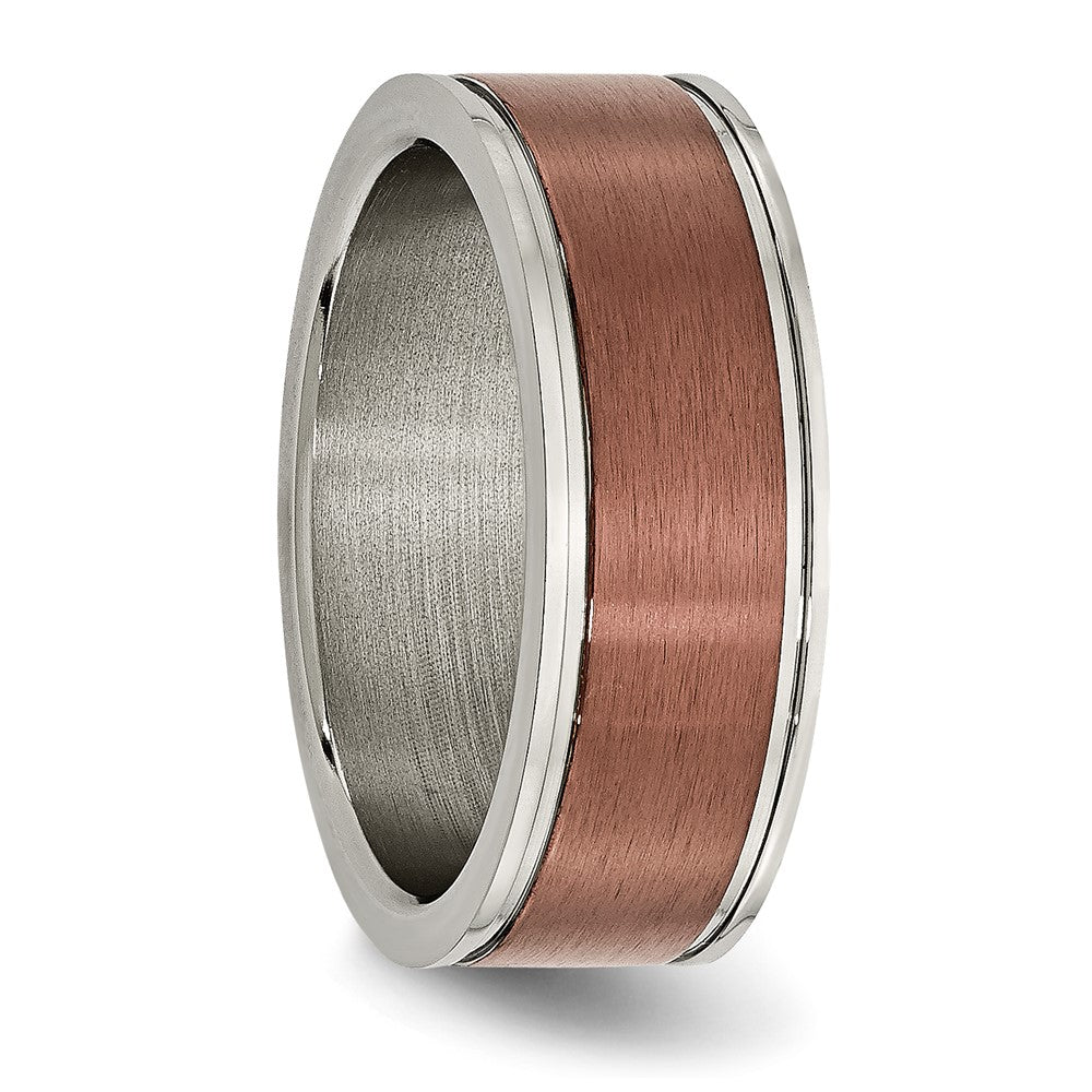 Titanium Brushed Center Brown IP-plated 8mm Grooved Edge Band Size - 10.5
