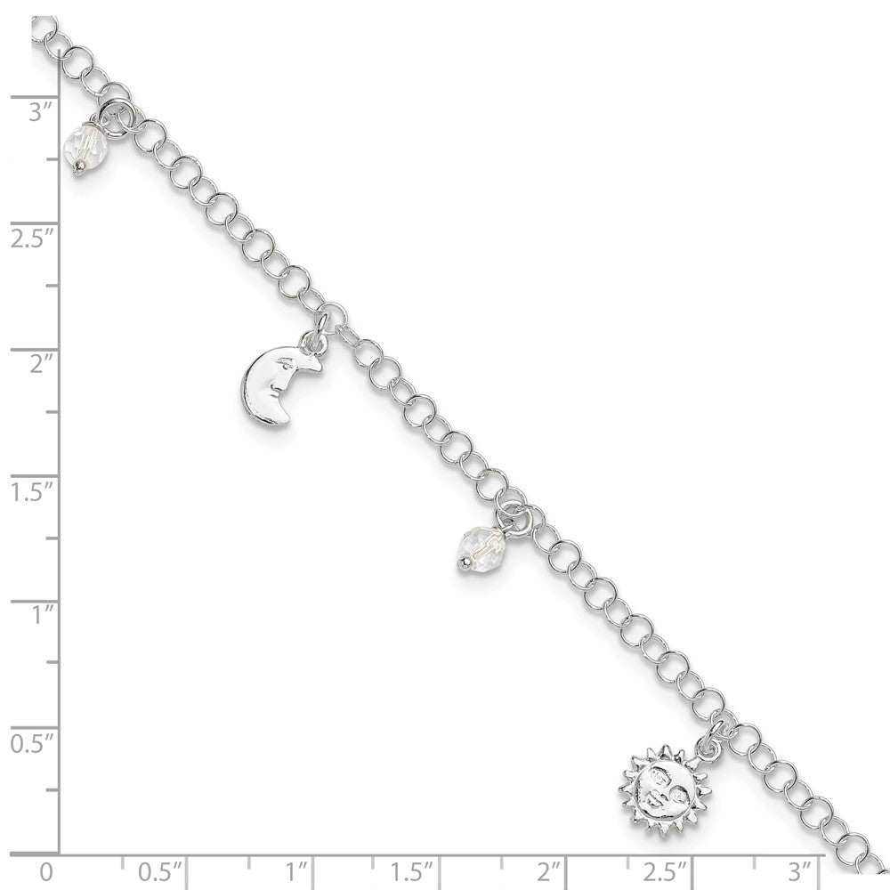 Sterling Silver Polished Sun Moon and Stars 9in Plus 1in Ext. Anklet 9 inches