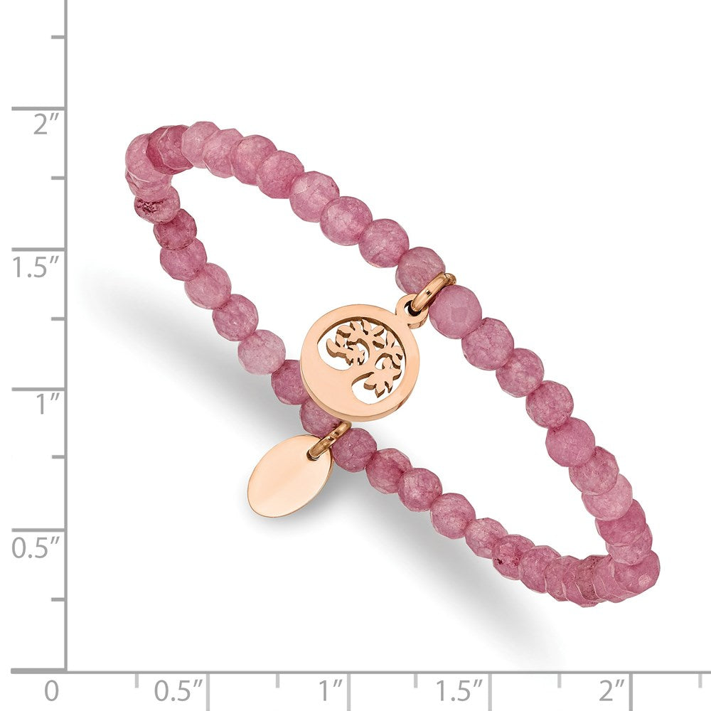 Stainless Steel Polished Rose IP Tree Pink Jade Beaded Stretch Bracelet 6.25 inches