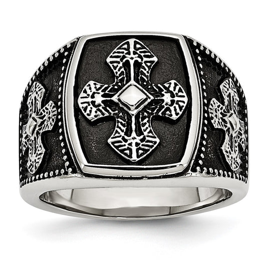 Stainless Steel Antiqued Polished & Textured Cross Ring Size - 12