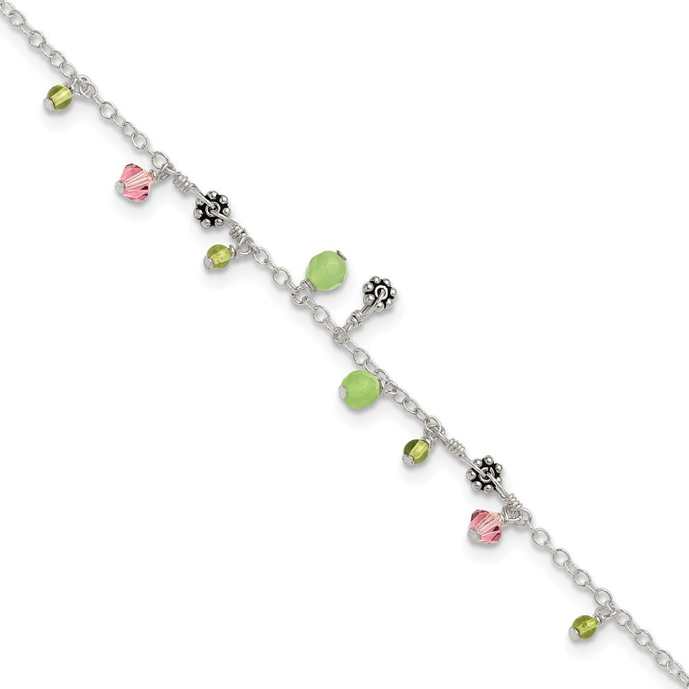 Sterling Silver 9in Pink Crystal Green Quartz Peridot Beads Anklet 9 inches