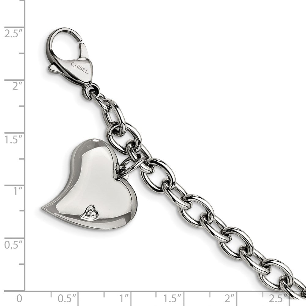 Stainless Steel Polished Link with CZ Heart Dangle Charm 7.5 inch Bracelet 7.25 inches
