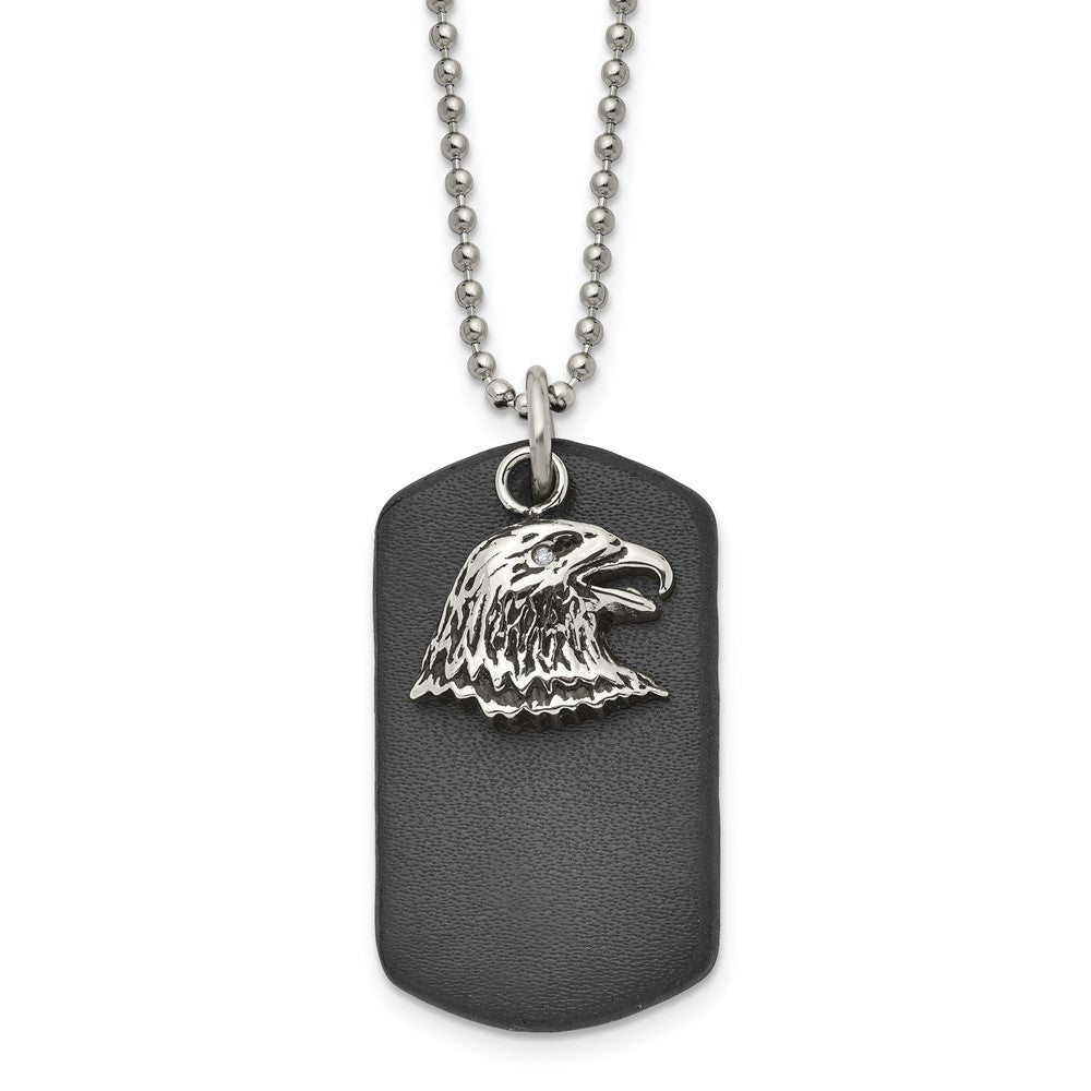 Stainless Steel Polished and Antiqued Eagle Leather Dog Tag 22in Necklace