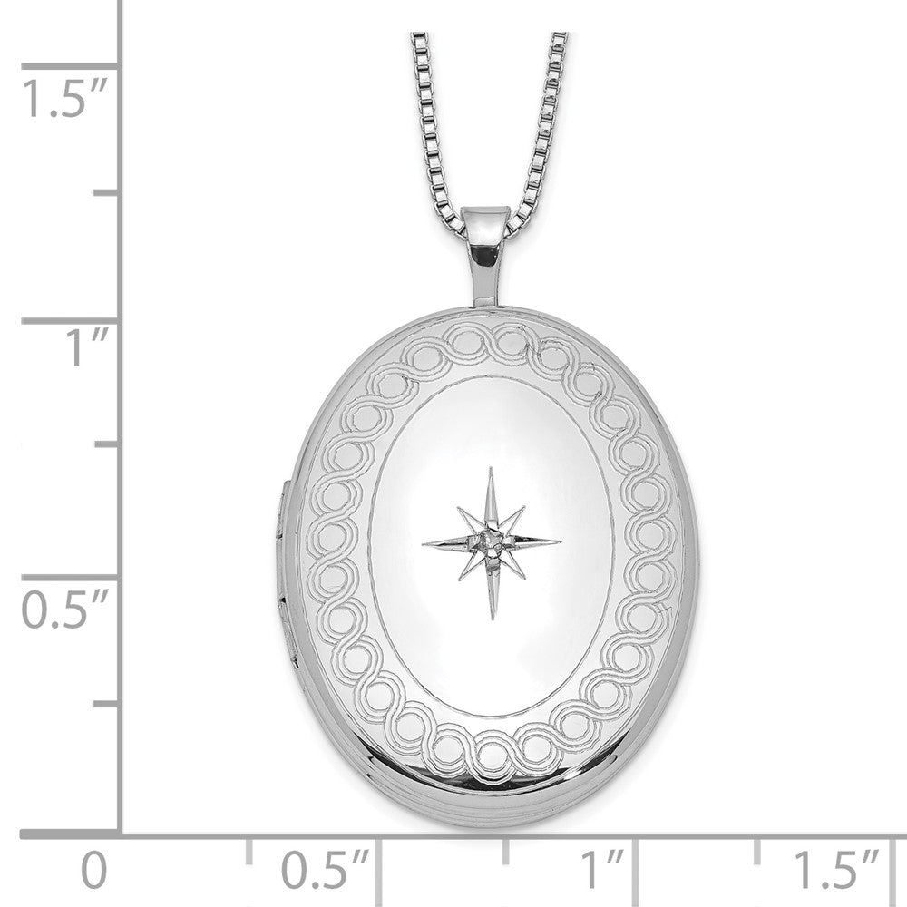 Sterling Silver Rhod-plated 26mm Circle Border Diamond Oval Locket Necklace 18 Inches