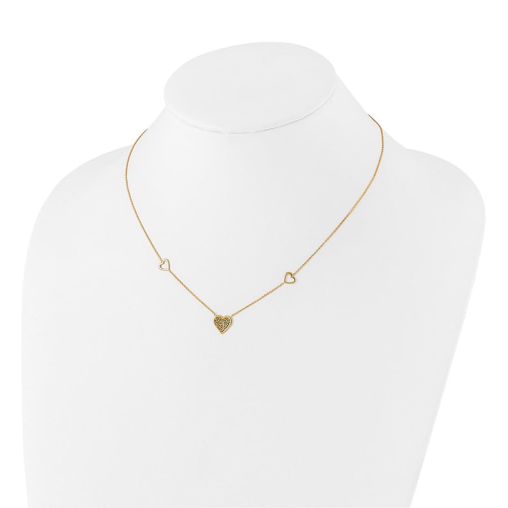 14k Gold Polished and Filigree Heart Stations with 1in. Extension Necklace