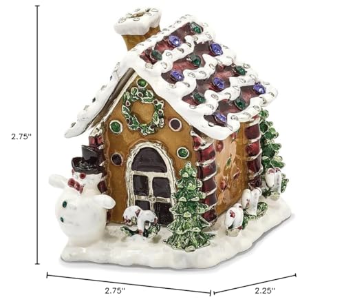 Luxury Giftware by Jere Bejeweled Crystals Silver-tone Enameled LEBKUCHENHAUS Gingerbread House Trinket Box with Matching 18 Inch Necklace QBJ2058