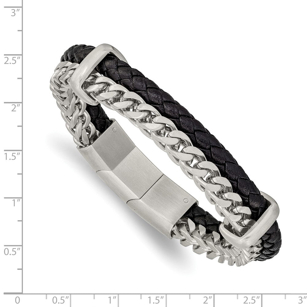 Stainless Steel Brushed Leather and Chain 8in w/.5in ext. Bracelet 8 inches