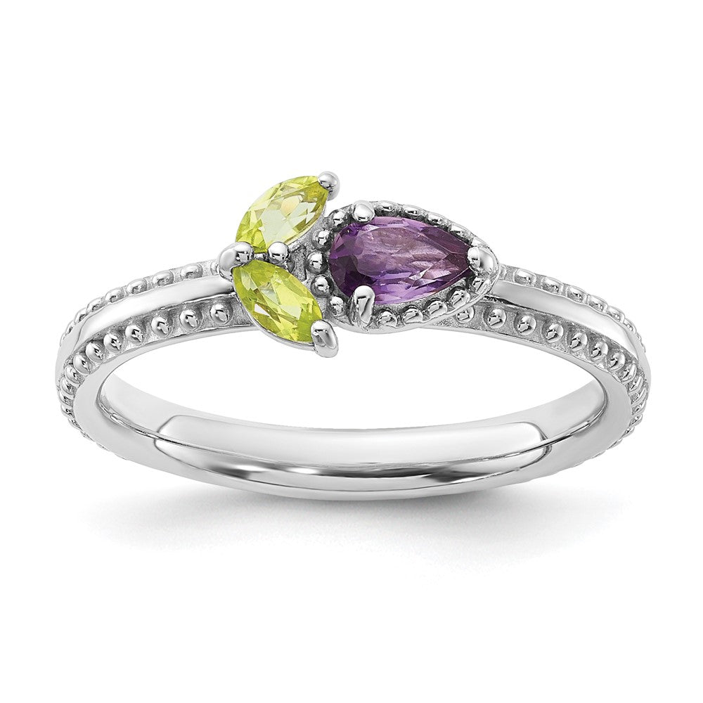 Sterling Silver Stackable Expressions Rhodium-plated Textured Amethyst and Peridot Flower Ring Size -6