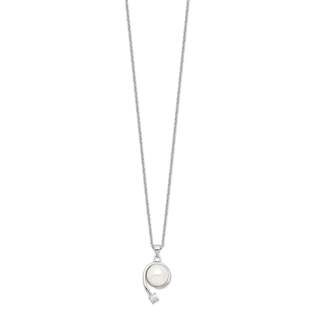 Sterling Silver Rhodium-plated 8-9mm White Button Freshwater Cultured Pearl and CZ 17 inch Necklace 17 Inches