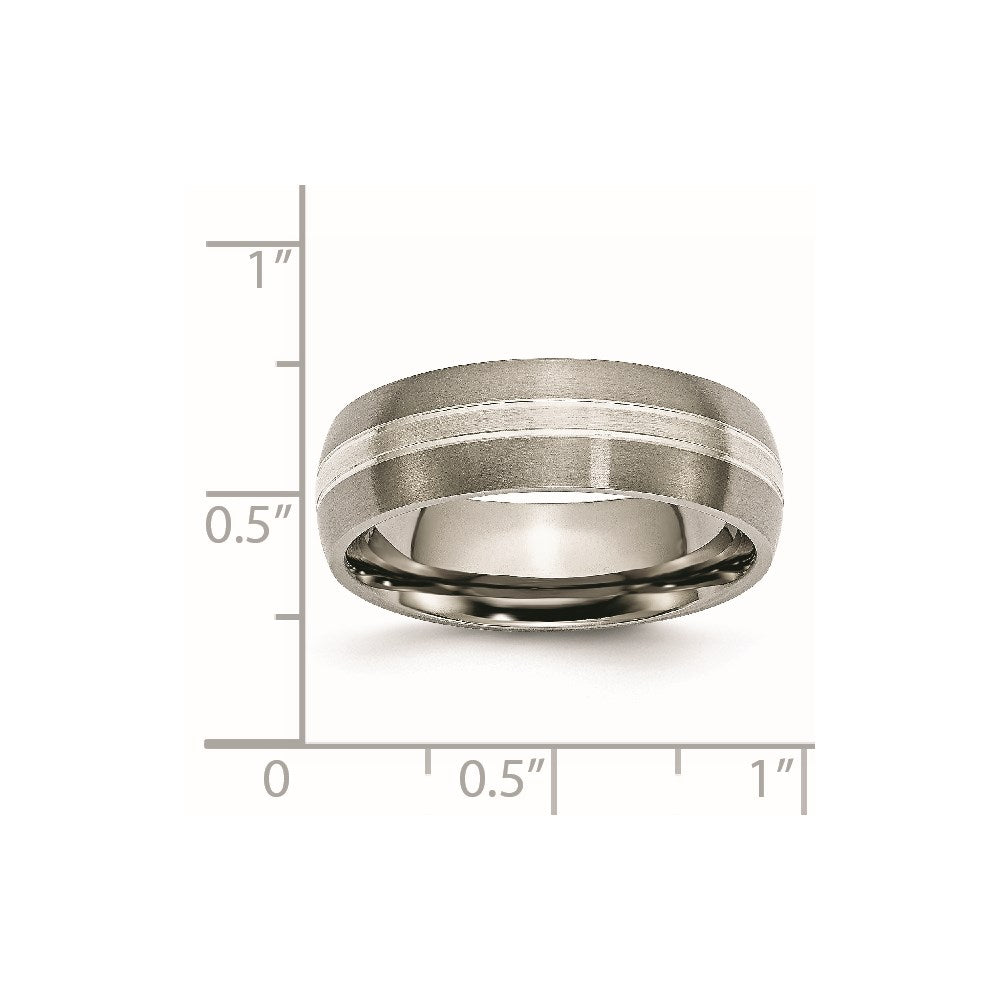 Titanium Brushed/Polished w/Sterling Silver Inlay 7mm Grooved Band Size - 10.5