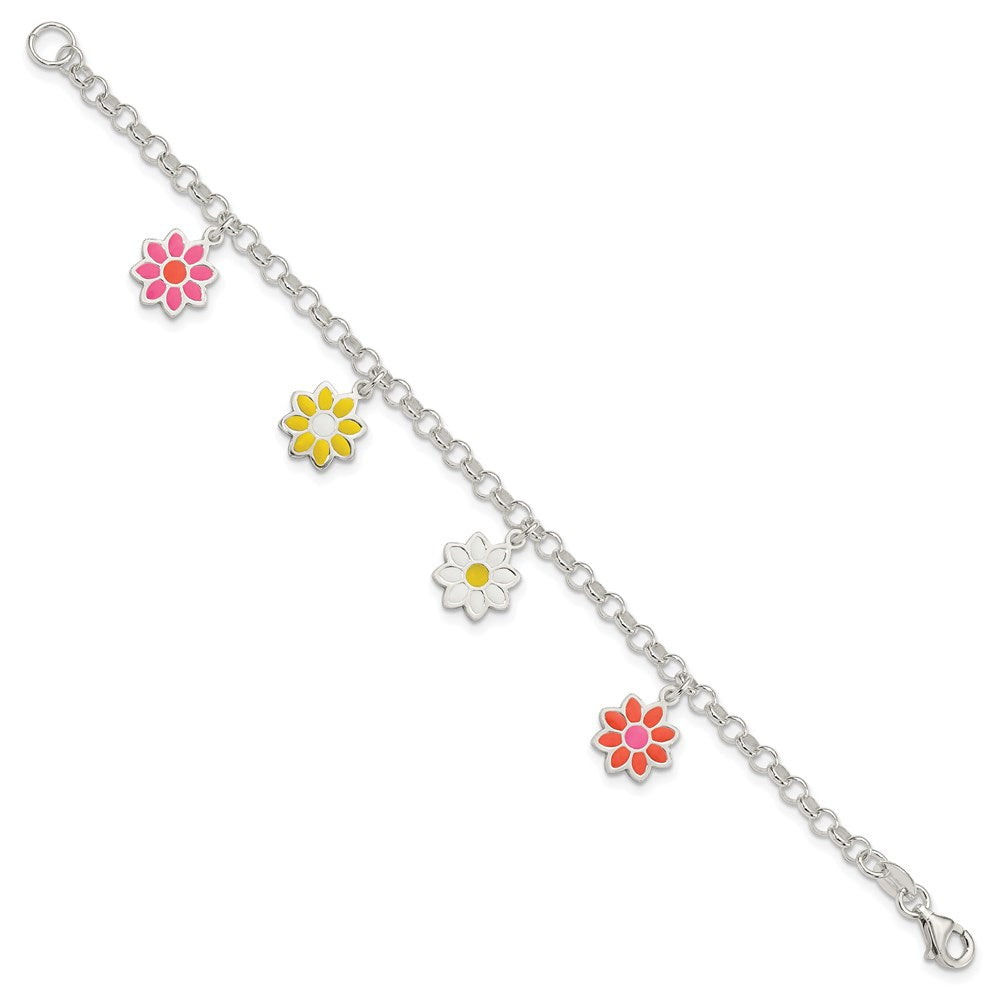Sterling Silver Polished Multi-color Enamel Flowers Children's Bracelet 6 inches