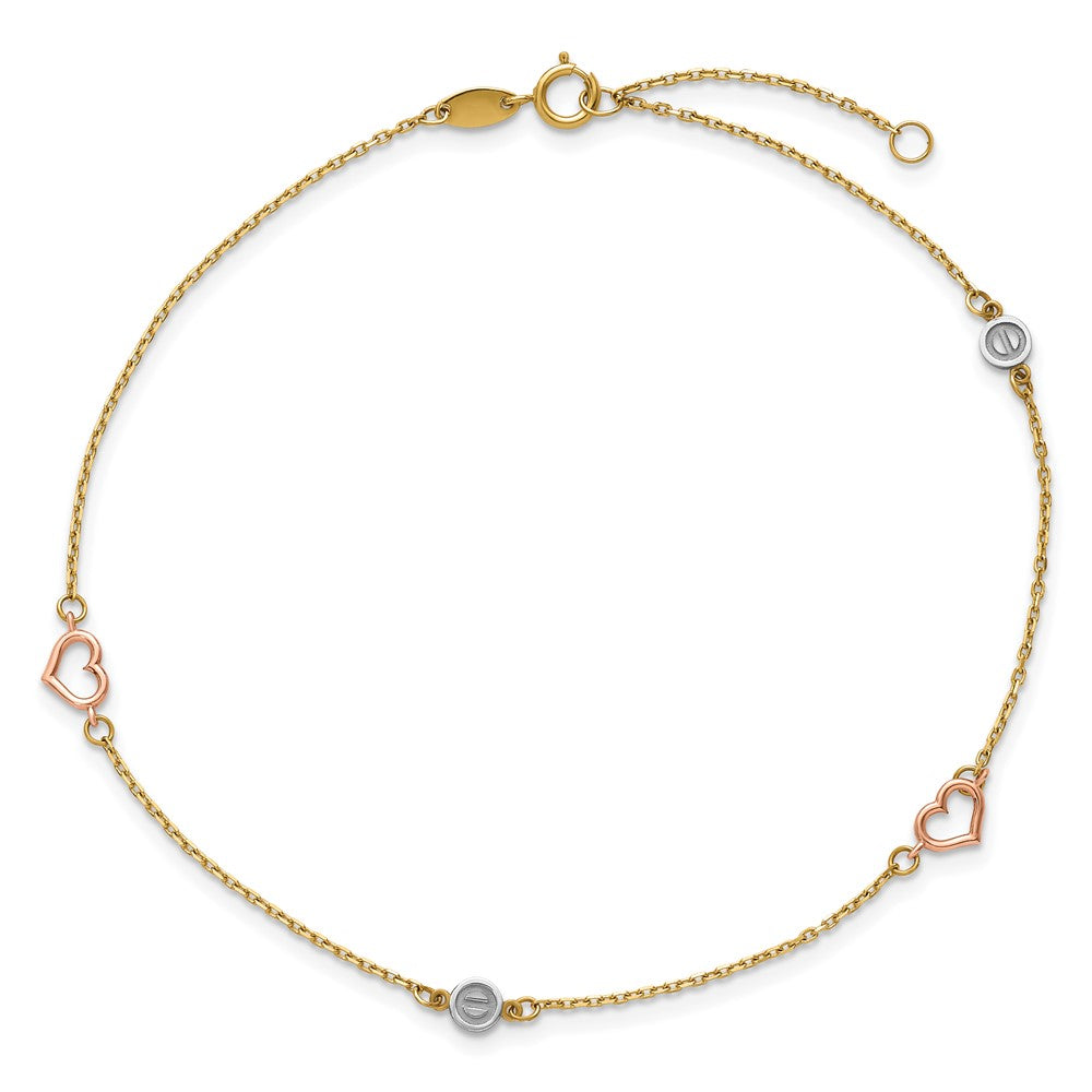 14k Tri-color Polished Hearts and Circles 9 inch with 1 inch Extender Anklet