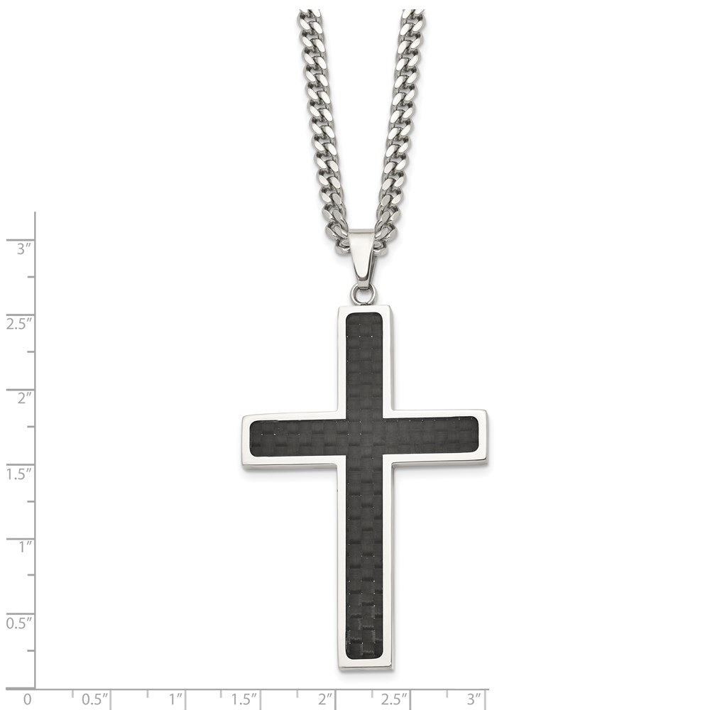 Stainless Steel Polished w/Black Carbon Fiber Inlay Cross 24in Necklace